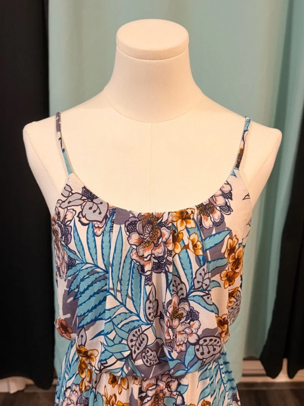 NAÏF Tropical Floral Maxi Dress Blue Tan White Small Summer Boho Vacation - Picture 4 of 15